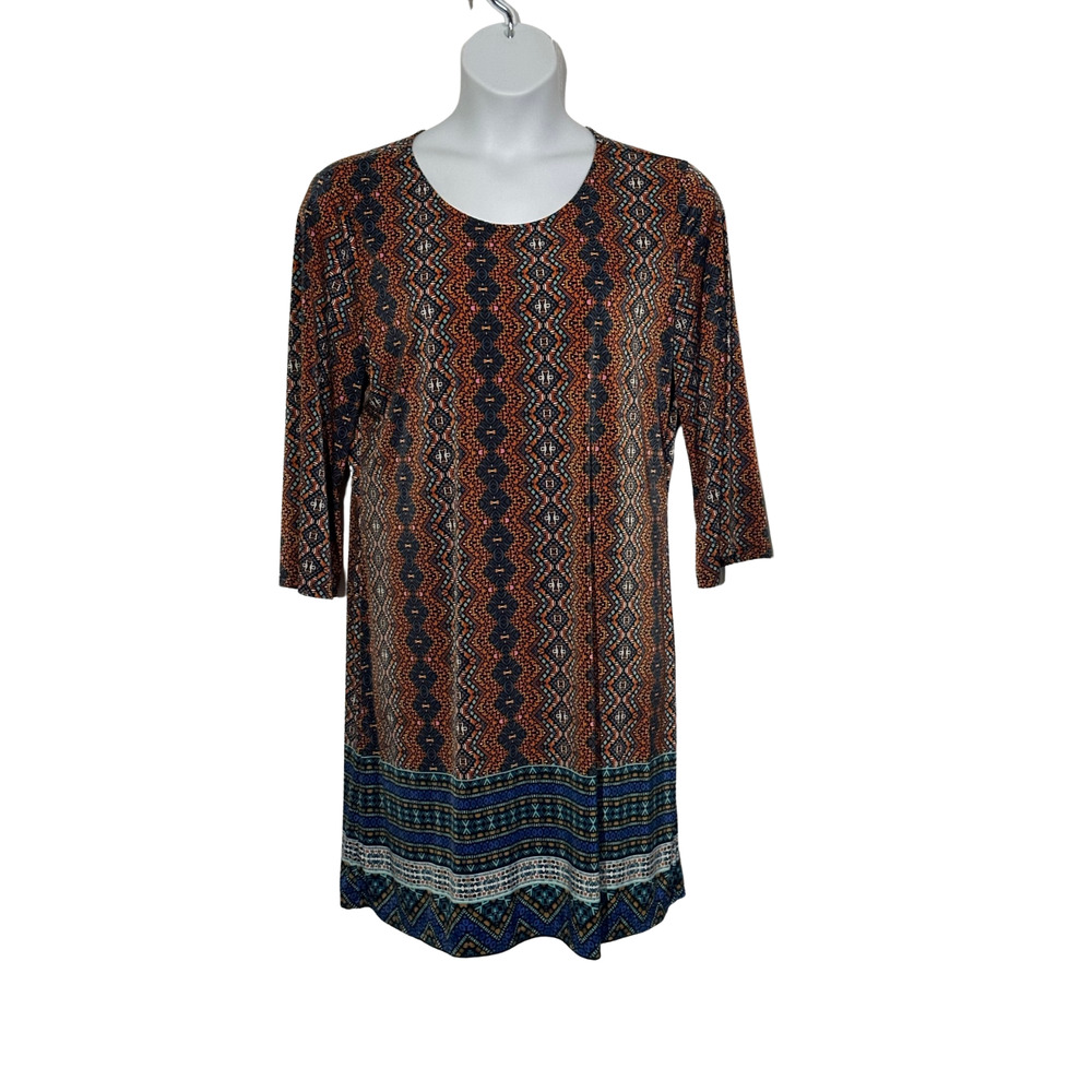 Women's size XL orange multi colored 3/4" sleeve knee length dress